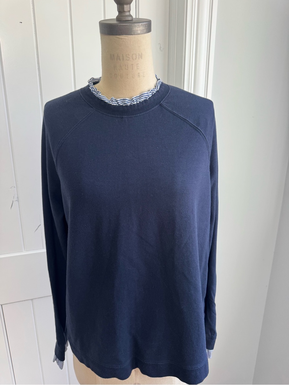 Carolina Belle Navy Sweatshirt with Striped Trim Size L